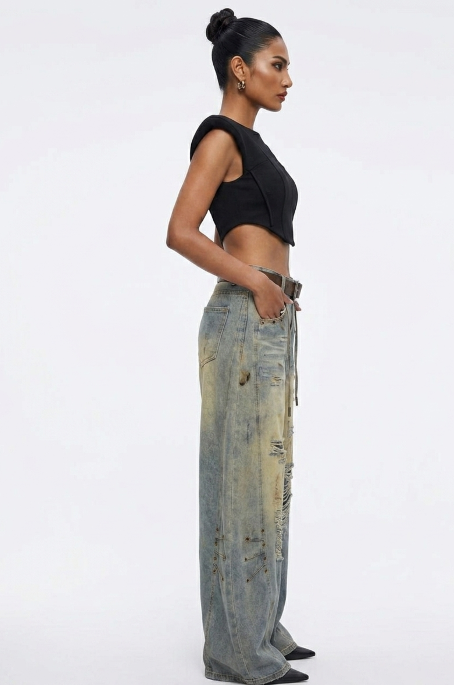 Crossline Distressed Wide-Leg Jeans