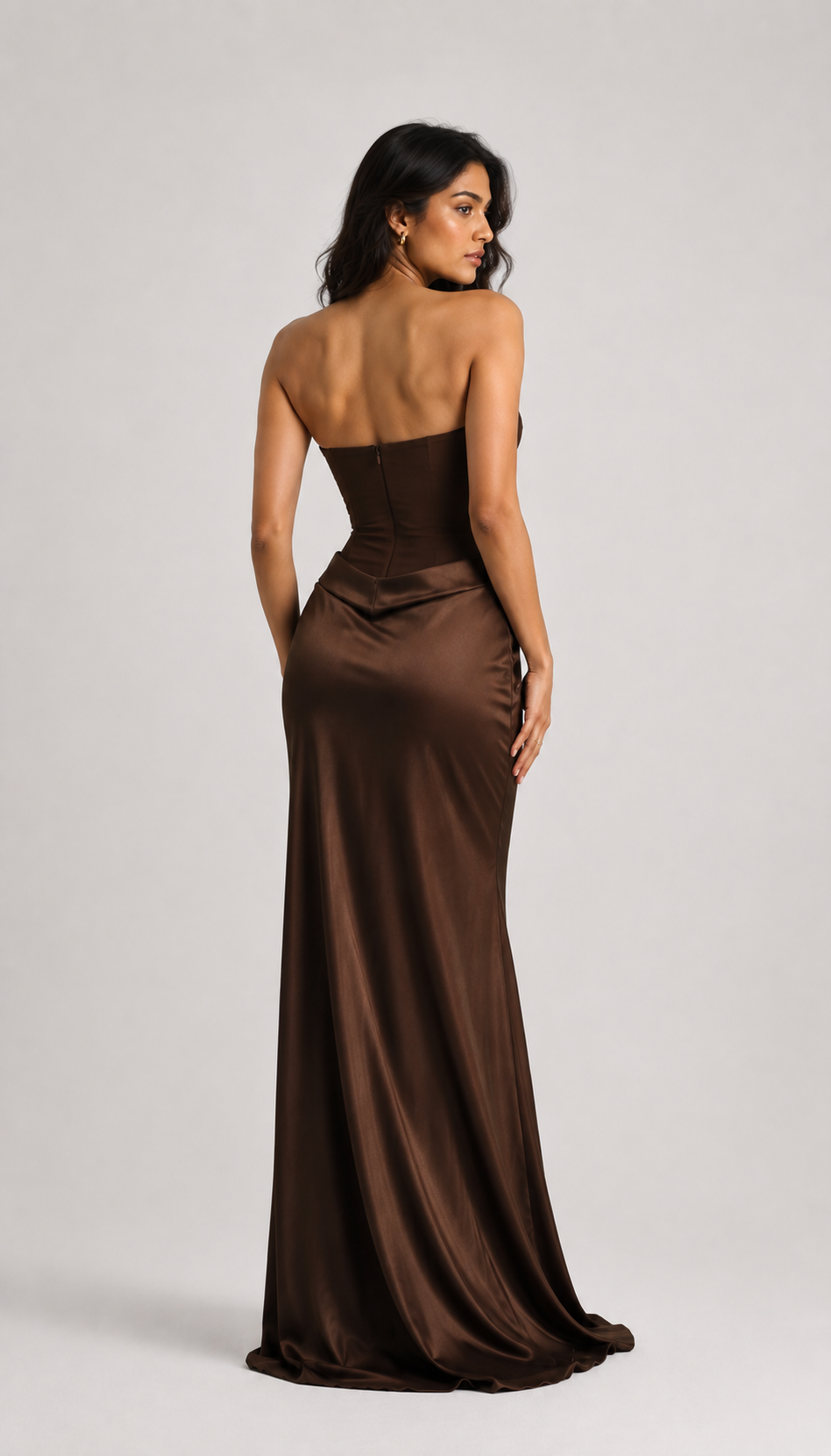Chocolate Satin Strapless Maxi Dress