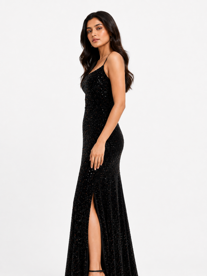 Midnight Sequin Side-Slit Maxi Dress
