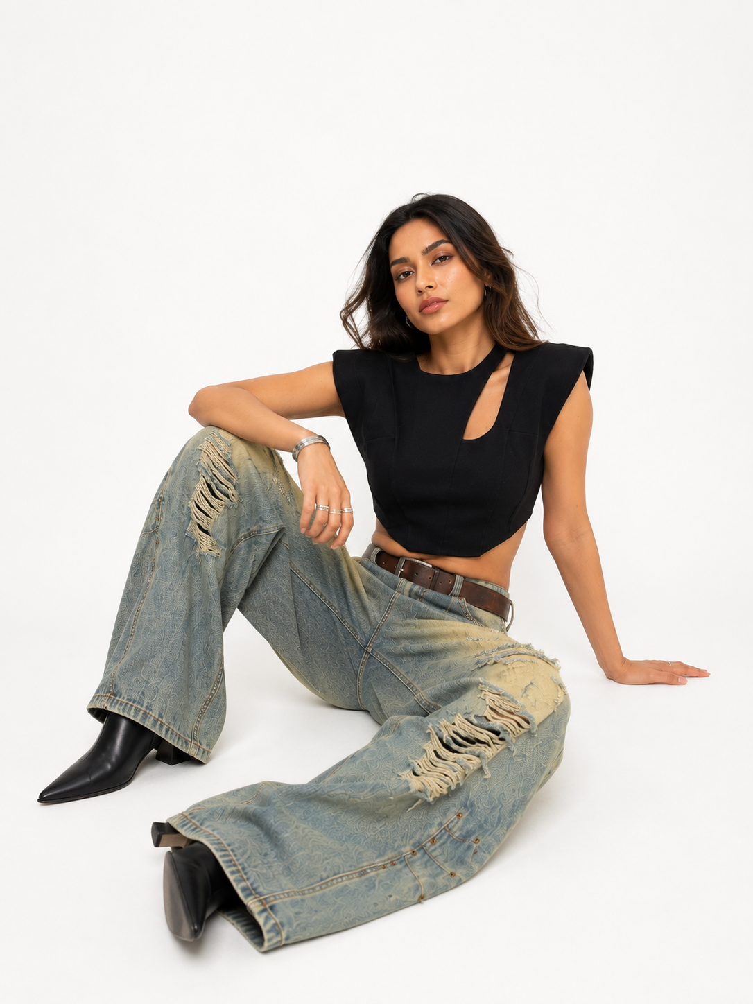 Crossline Distressed Wide-Leg Jeans