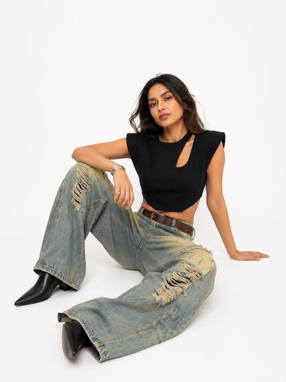 Crossline Distressed Wide-Leg Jeans