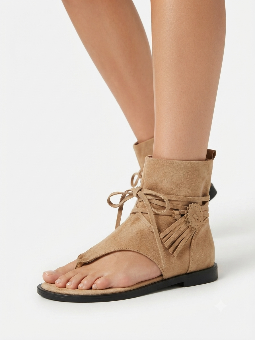 Fringe Lace-Up Flat Sandals
