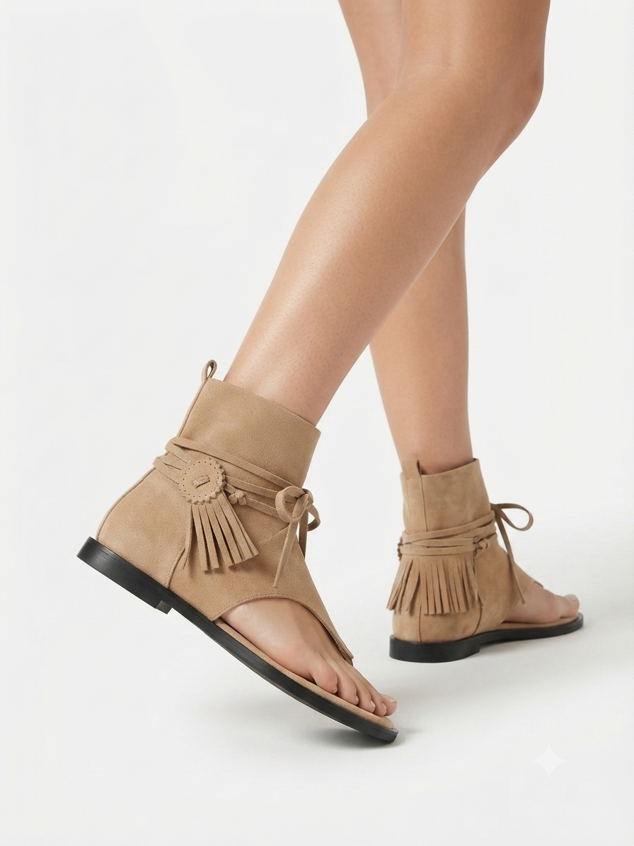 Fringe Lace-Up Flat Sandals