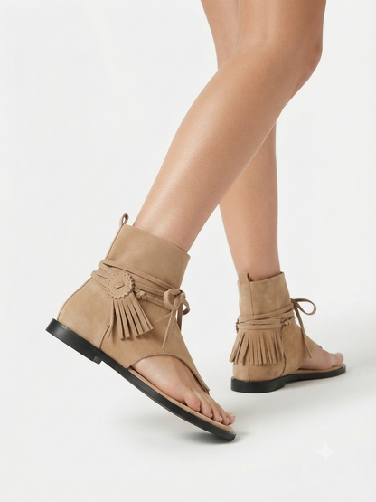 Fringe Lace-Up Flat Sandals