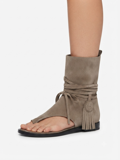 Fringe Lace-Up Flat Sandals