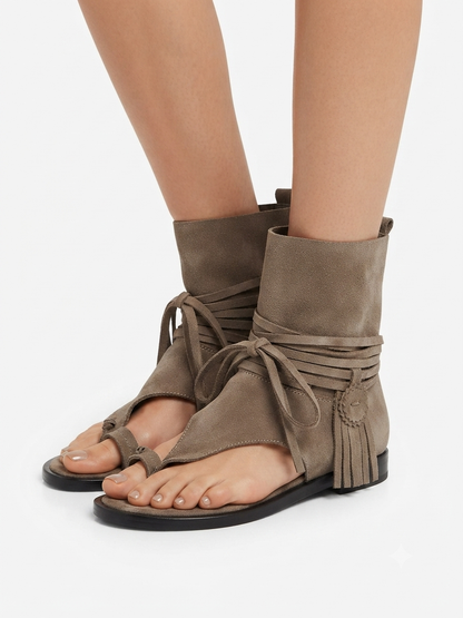 Fringe Lace-Up Flat Sandals