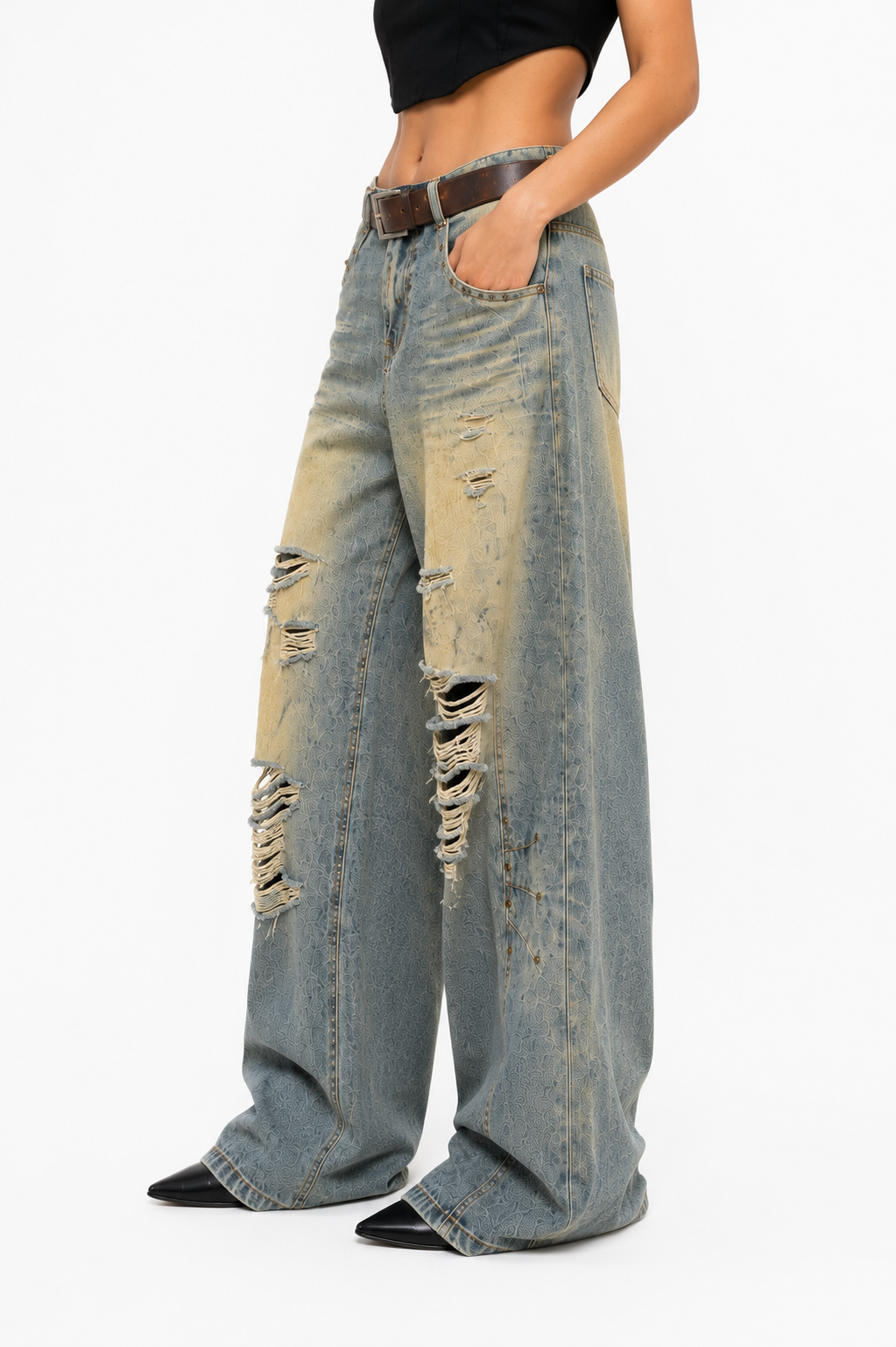 Crossline Distressed Wide-Leg Jeans