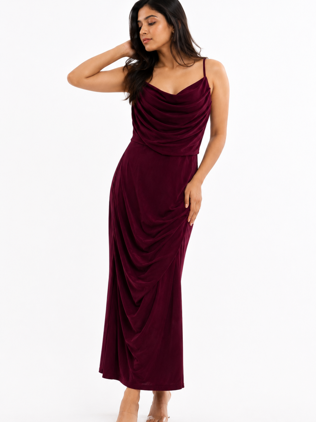 Ruched Cowl Neck Maxi Dress