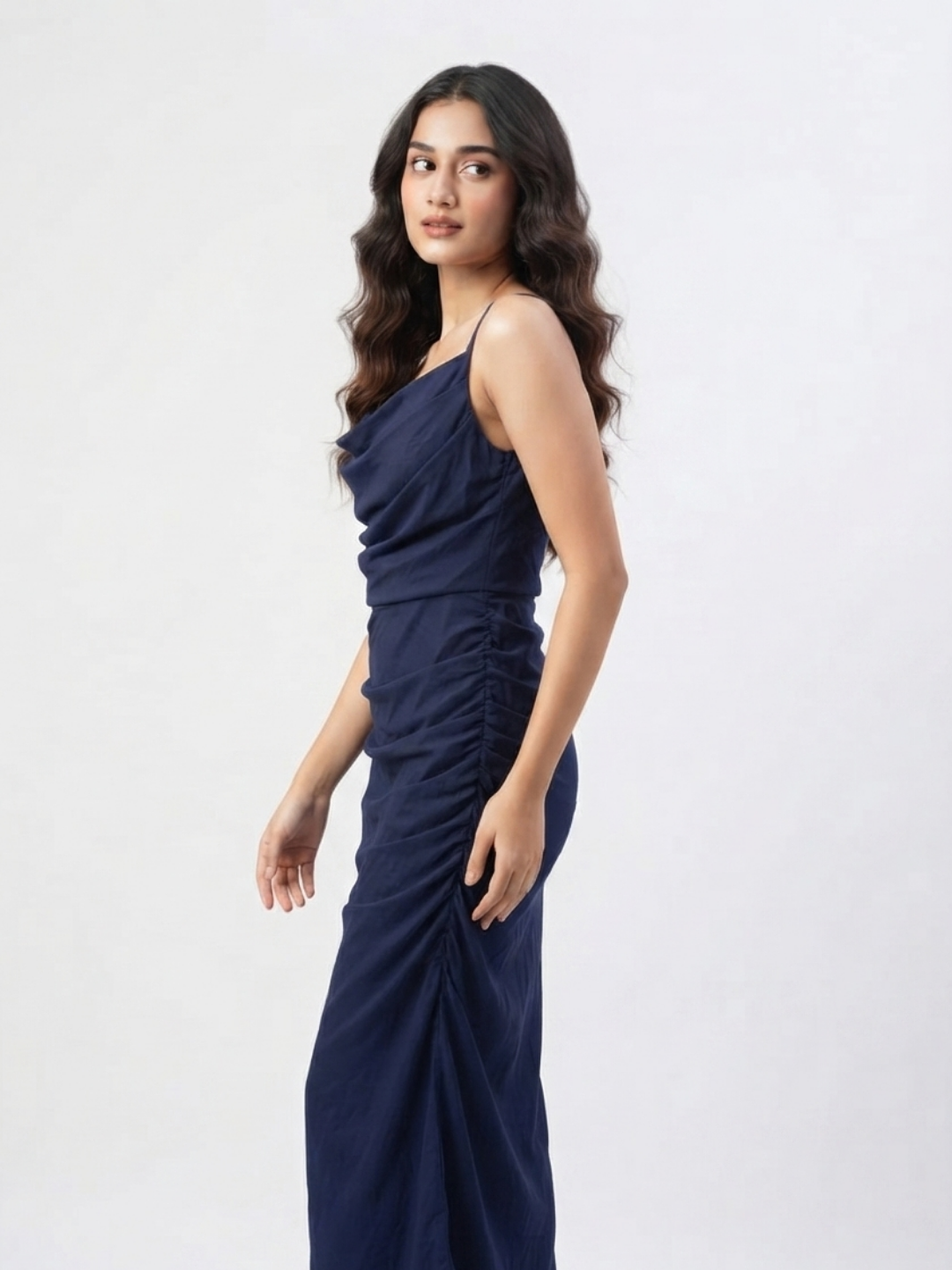 Ruched Cowl Neck Maxi Dress