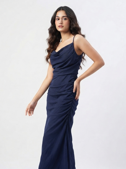 Ruched Cowl Neck Maxi Dress
