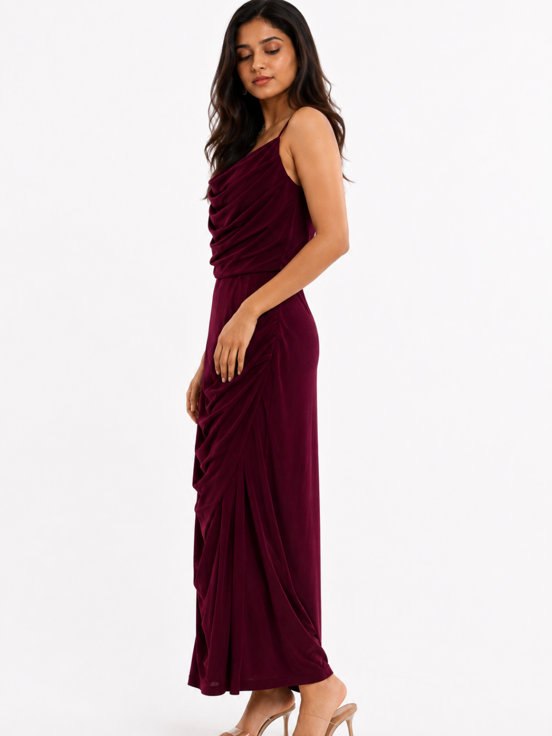 Ruched Cowl Neck Maxi Dress