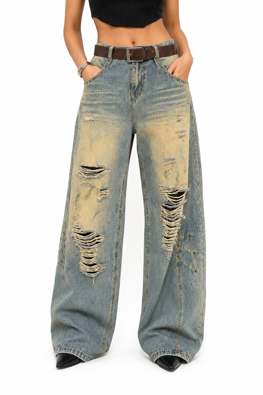 Crossline Distressed Wide-Leg Jeans