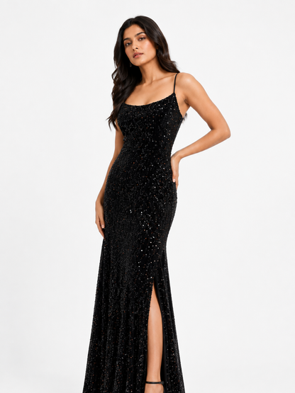 Midnight Sequin Side-Slit Maxi Dress