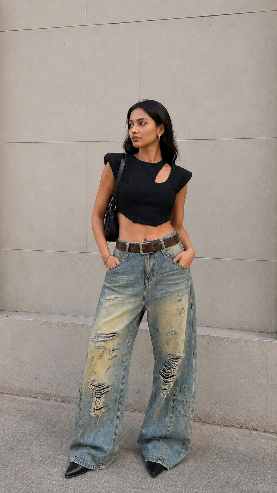 Crossline Distressed Wide-Leg Jeans
