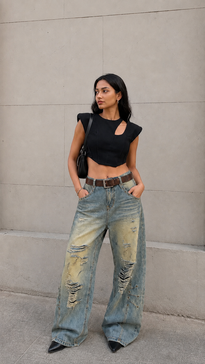 Crossline Distressed Wide-Leg Jeans