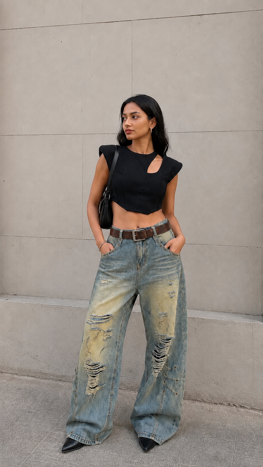 Crossline Distressed Wide-Leg Jeans