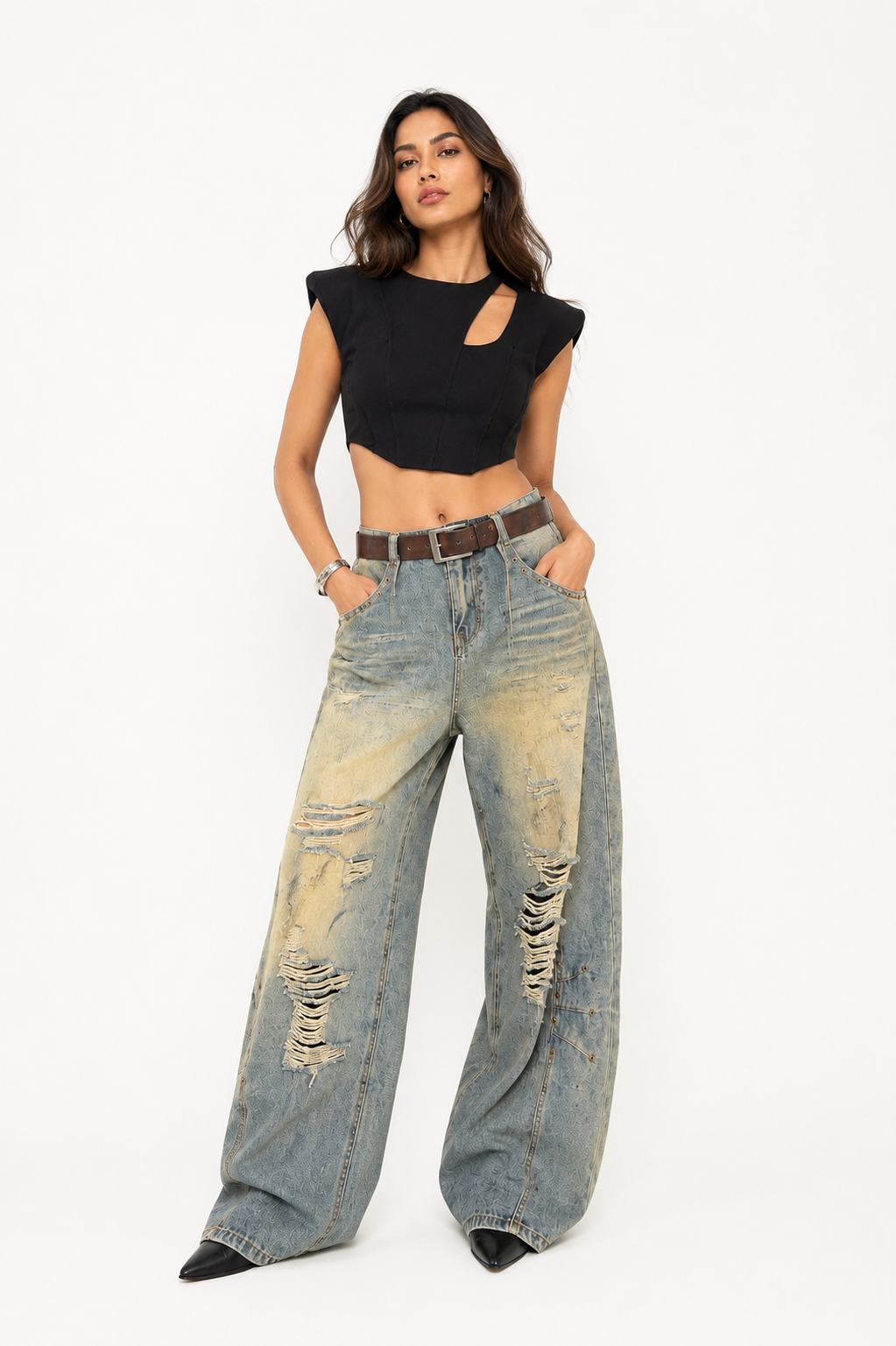 Crossline Distressed Wide-Leg Jeans