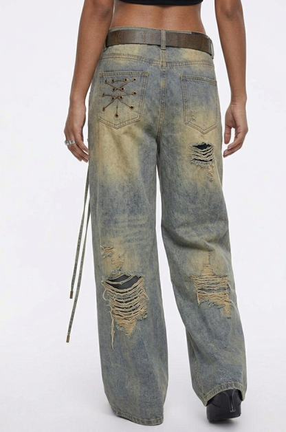 Crossline Distressed Wide-Leg Jeans