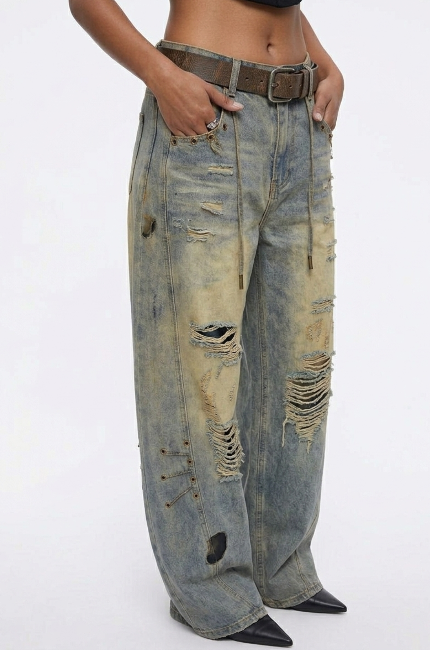 Crossline Distressed Wide-Leg Jeans