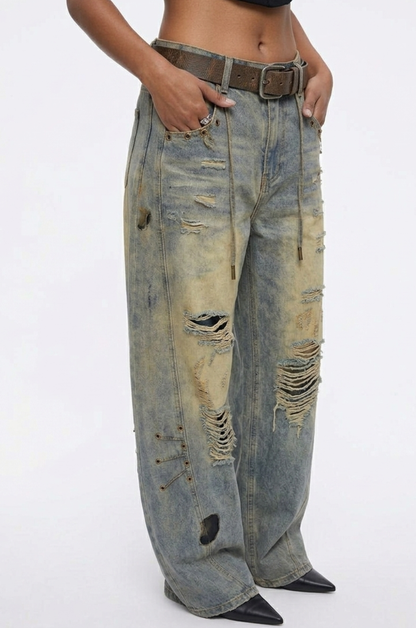 Crossline Distressed Wide-Leg Jeans