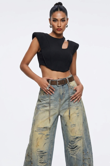 Crossline Distressed Wide-Leg Jeans