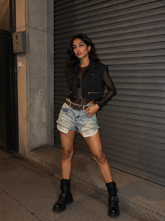 Studded Pocket Denim Shorts