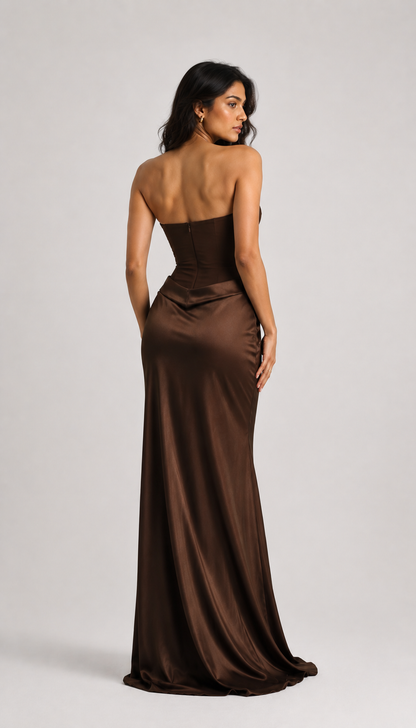 Chocolate Satin Strapless Maxi Dress