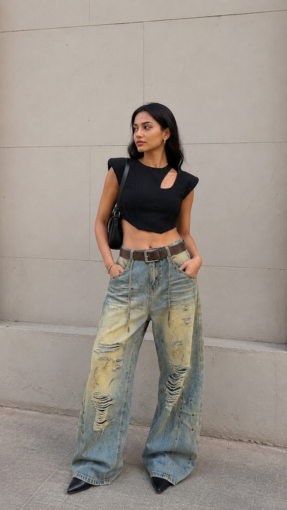 Crossline Distressed Wide-Leg Jeans