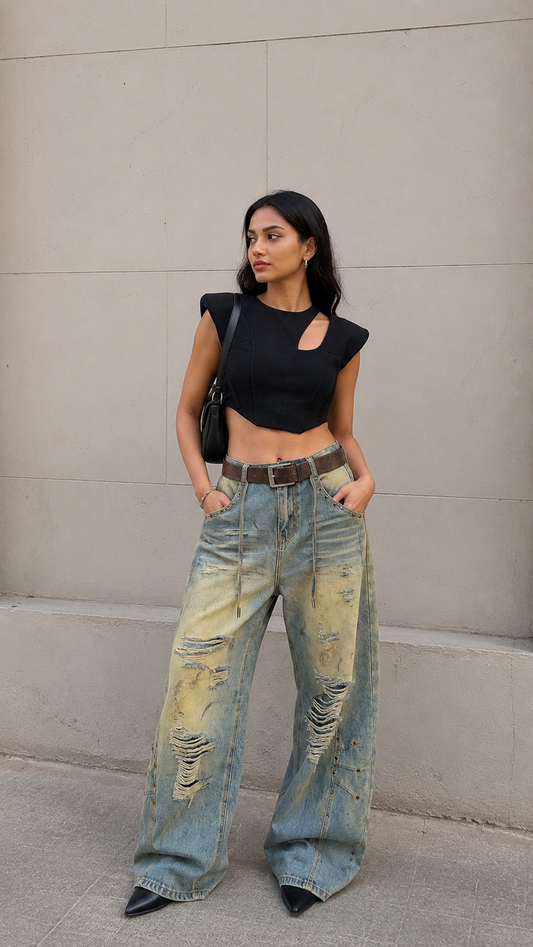 Crossline Distressed Wide-Leg Jeans