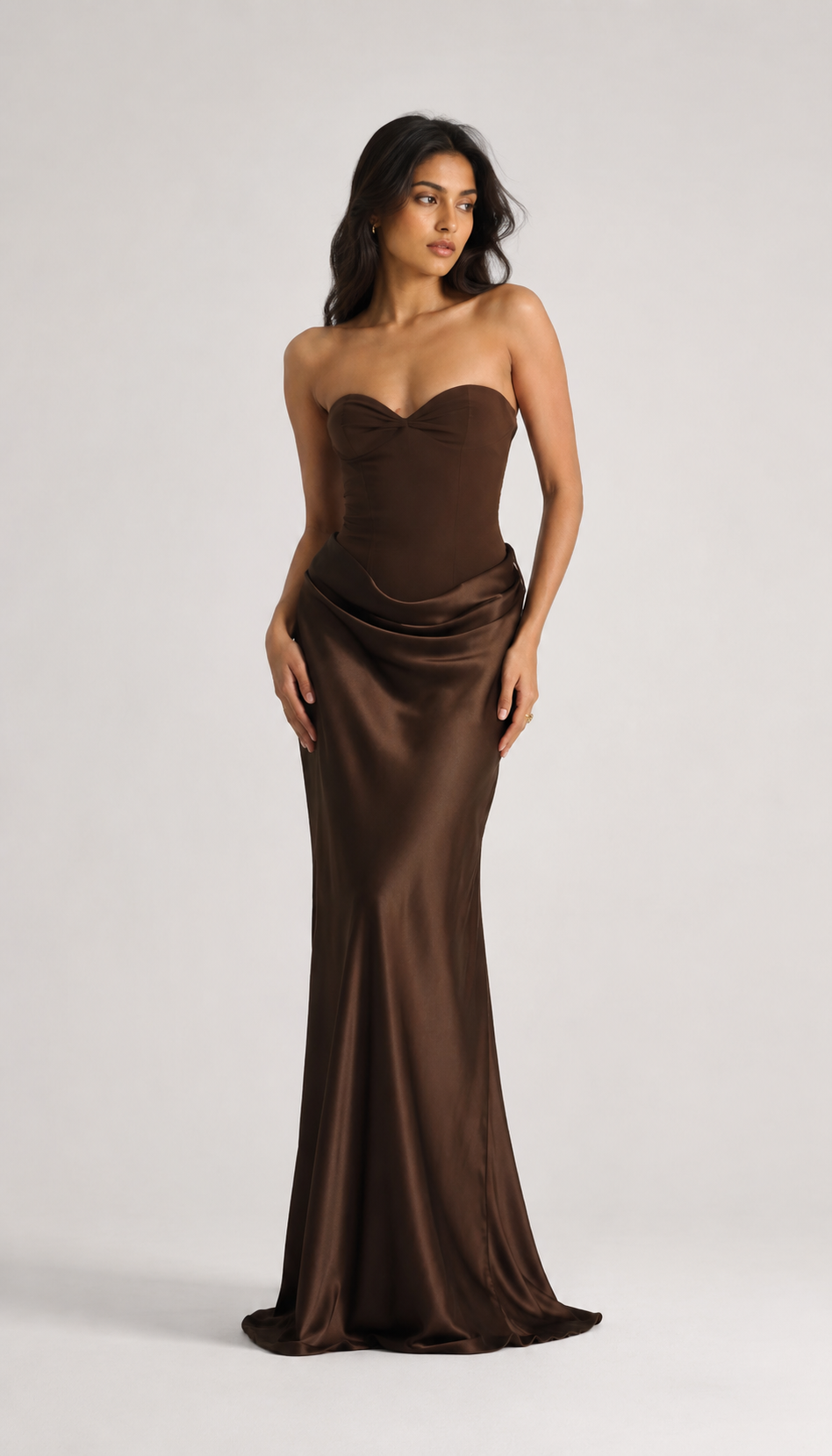 Chocolate Satin Strapless Maxi Dress